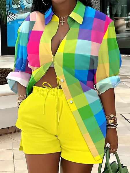 Tute da donna Camicia casual Set due pezzi per donna Camicette a maniche lunghe scozzesi Solid Short Set Streetwear 2023 Summer Yellow Abbigliamento