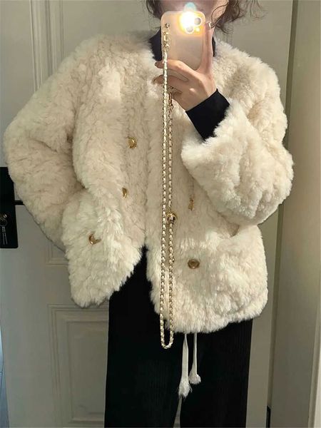 Pele feminina de pele sintética de inverno lã de cordeiro elegante bege fofo doce quente jaquetas de pele sintética feminina botão chique Y2k roupas coreanas moda casacos Femlae HKD230727