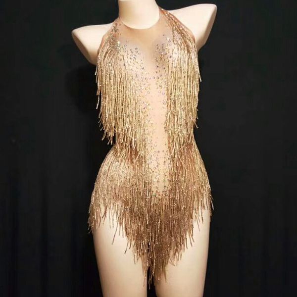 Macacões femininos macacão body com borla dourada brilhante roupa feminina com miçangas brilhantes traje peça única roupa de dança cantor collant de palco 230731