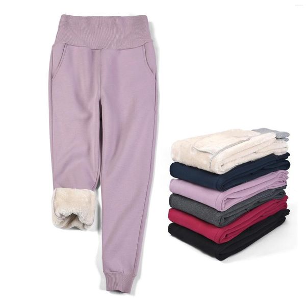 Calças femininas de lã de inverno esportes meninas cintura alta solta pele sintética grossa quente fofa plus size calça jogger rosa 4xl 5xl