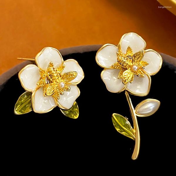 Ohrstecker Top Qualität Mode Asymmetrische Blume Stil Rotierende Biene Frauen Gold Farbe 925 Silber Nadel Ohrstecker Schmuck
