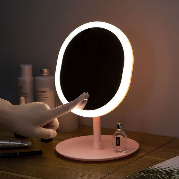 Adesivos de parede espelho de maquiagem oval com luz LED inteligente desktop recarregável inteligente beleza dormitório espelhos 230731