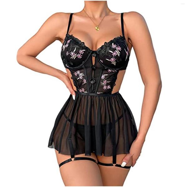 Conjuntos de sutiãs 2023 Erótico Sexy Lingerie Feminina Hollow Out Porn Underwear Mesh Perspective Sensual Lingerie Set Lenceria Para Damas