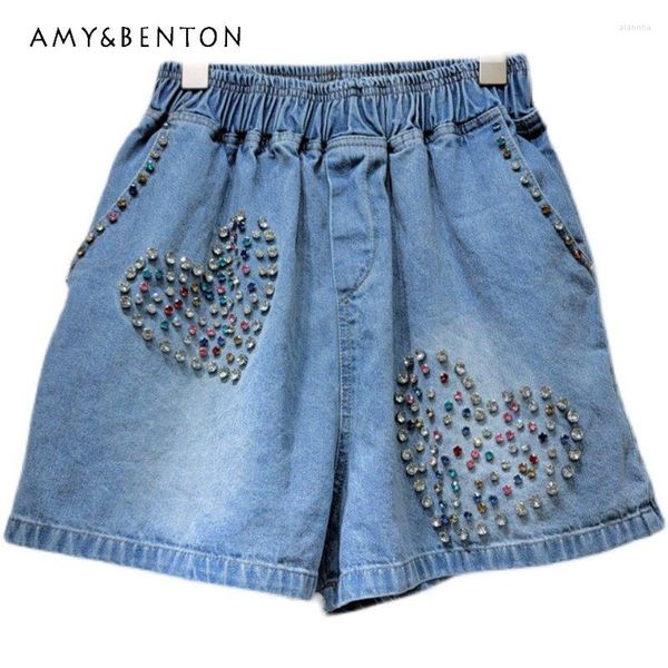 Damen-Shorts, europäischer Stil, Sommer-Jeans, kurze Hosen, schwere Industrie, Strass, Liebe, hohe Taille, lockere Schlankheits-Denim, weites Bein