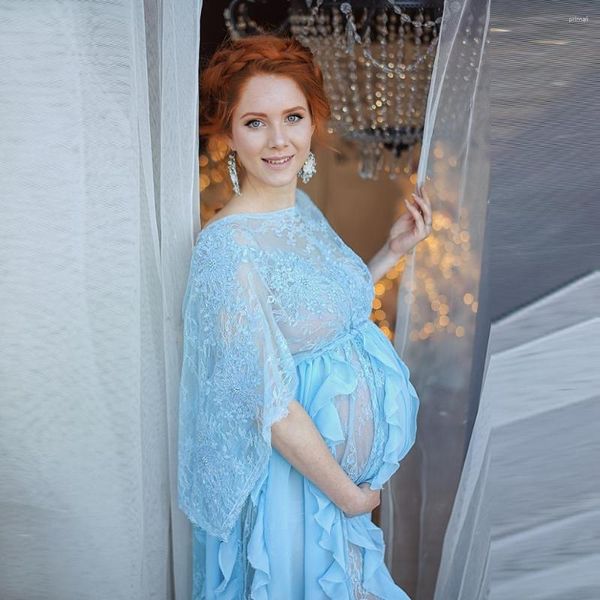 Vestidos casuais Robes de maternidade elegantes com apliques de azul celeste frisados nupcial sexy transparente longo chiffon vestido de festa pography