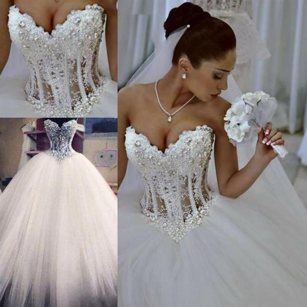 2020 vestido de bola vestidos de novia cariño corsé ver a través de la longitud del piso princesa vestidos de novia con cuentas perlas de encaje por encargo HY33242