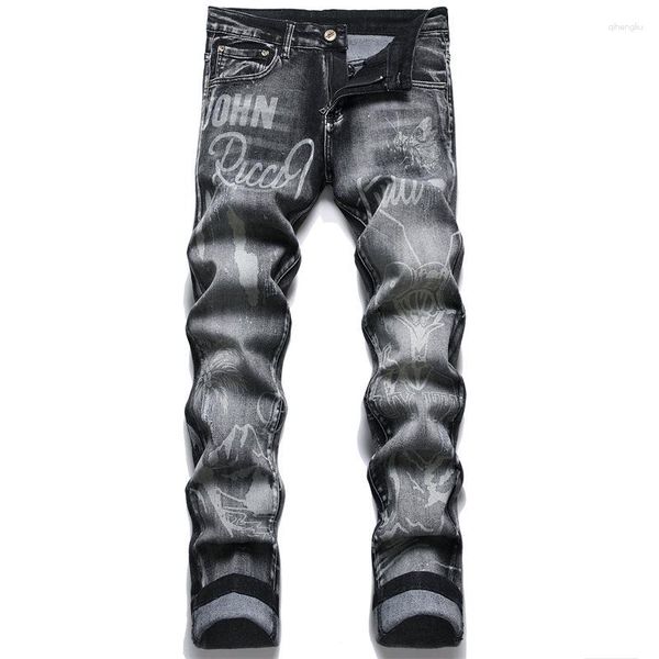 Jeans masculinos para homens estampados calças jeans de algodão casuais justas calças retas motociclista hip hop streetwear roupas punk