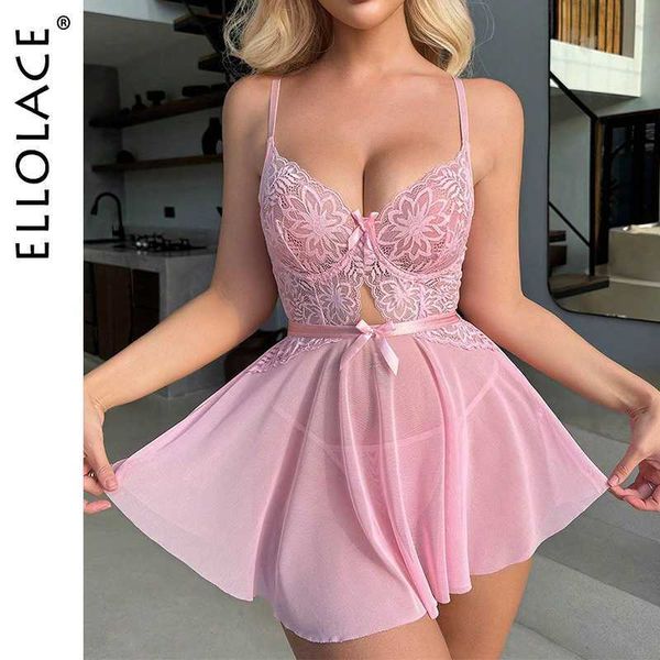 Ellolace Sexy Sleepwear кружевное платье светло -розовое полупрозрачная ночная сетка привлекательные короткие платья ночные фэнтезийные нижнее белье L230626