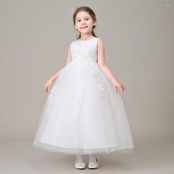 Vestidos de menina Vestidos De Daminha Branco Tule Frisado Bordado Vestido de Baile Longo Flor Para Casamentos 2023 Crianças Aniversário