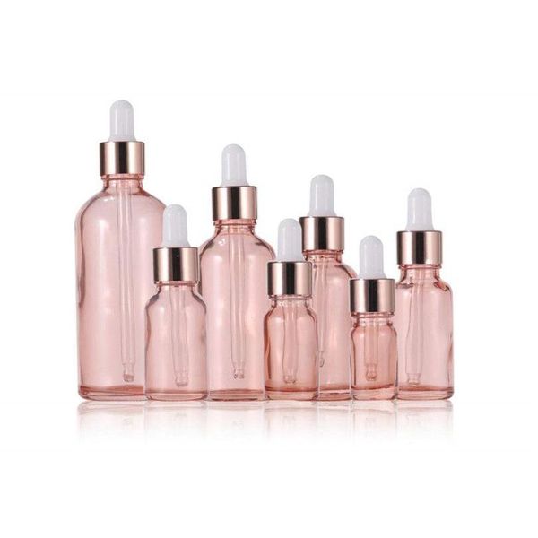 Verpackungsflaschen Rosa Glas mit Roségolddeckel Ätherisches Öl Dropper 5 ml 10 ml 30 ml 50 ml Nachfüllbarer Reisekosmetikbehälter Drop Deliv Otm6P