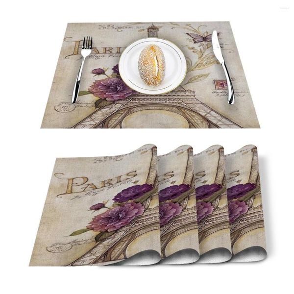 Caminho de mesa 4/6 pçs Conjunto de tapetes Paris Flores Borboleta Impresso Guardanapo Acessórios de cozinha Festa em casa Jogos americanos decorativos