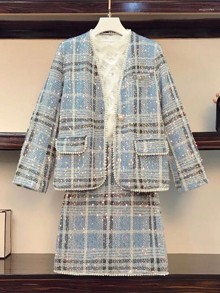 Vestidos de trabalho outono inverno lantejoulas brilhante lã conjunto de 2 peças feminino azul xadrez pérolas miçangas bolso jaqueta casaco tweed mini saia terno