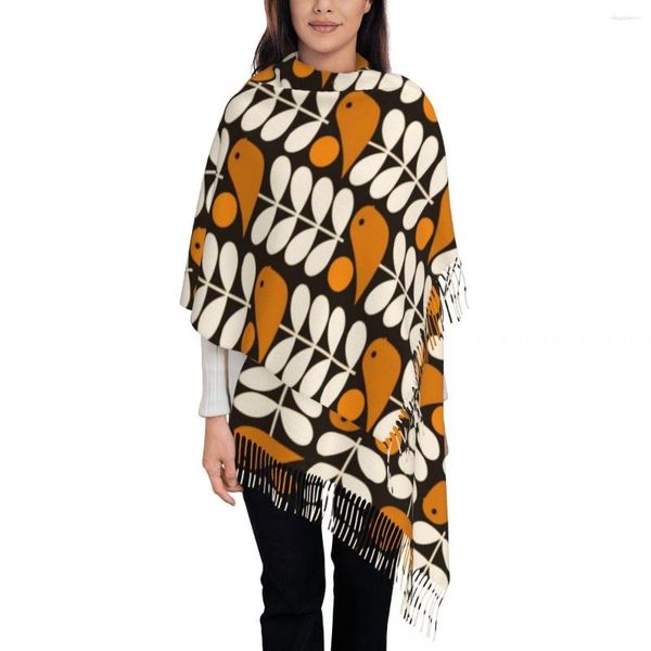 Sciarpe Elegante Multistem Uccelli Nero Bianco Arancione Nappa Sciarpa Donna Inverno Autunno Scialli caldi Avvolge Lady Orla Kiely Scandi