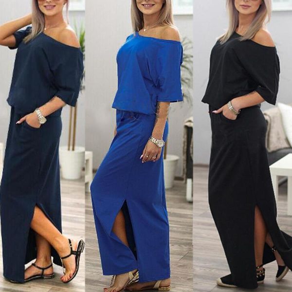 Vestidos de festa Maxi Vestido ombro a ombro aberto Roupas de férias Casual Longo Verão Sukienka Cor sólida Elegante Feminino Scoop