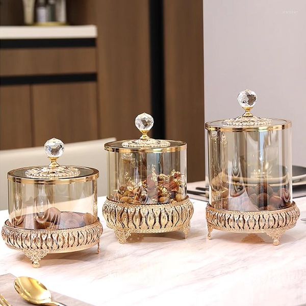 Aufbewahrungsflaschen, Luxus-Stil, Gold-Kristallglas mit Deckel, dekoratives Glas, amerikanisches europäisches Couchtisch-Süßigkeitsornament