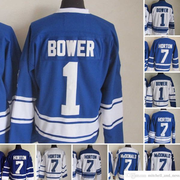 1980 Film Vintage Hockey 1 Johnny Bower Trikots CCM Stickerei 7 Tim Horton Jersey White Blue Green Retro für Mann