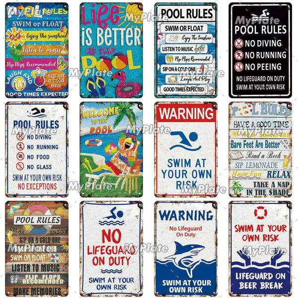 Vintage plaj havuzu kuralları metal işaret uyarı köpekbalığı saldırısı metal plaka teneke tabela duvar el sanatları retro dekor ev plakası dekorasyon hediye sanat poster özel 30x20cm w01