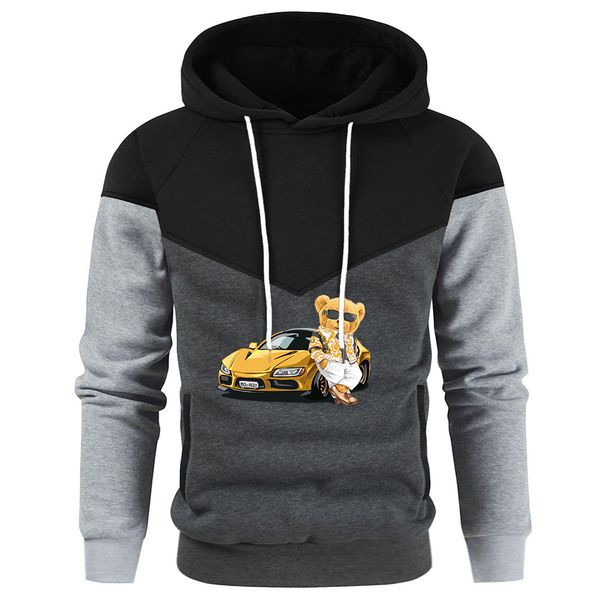 Gentleman Teddy Bear In A Vintage Sports Car Felpe con cappuccio da uomo Hip Hop Street Pullover O-Collo Moda Felpa con cappuccio Cartoni animati Felpa allentata