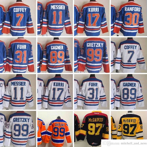 1980 Movie Vintage Hockey 7 Paul Coffey Maglie Ricamo CCM 99 Wayne Gretzky 11 Mark Messier Jari Kurri Bill Ranford Grant Fuhr Sam Gagner Connor McDavid