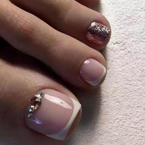 Unhas postiças 24 pçs strass vestíveis unhas dos pés com desenhos verão branco francês brilho francês dedo do pé falso pressão curta nas pontas das unhas dos pés