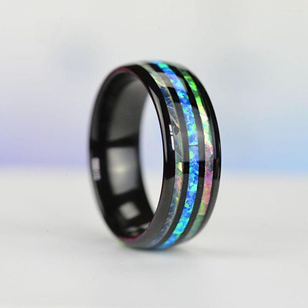 Anéis de casamento moda 8 mm masculino imitação de aço inoxidável azul opala e concha de abalone para mulheres joias presentes de aniversário