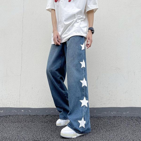 Jeans masculino American Star bordado verão reto esfregando calças de rua soltas bonitas calças de perna larga roupas masculinas