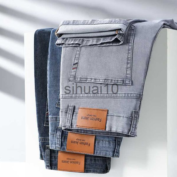 Pantalones vaqueros para hombre 2023, pantalones vaqueros de marca para hombre, rectos, ligeros, de algodón elástico, informales de negocios, de cintura alta, pantalones vaqueros grises claros finos J230728