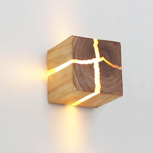 Lâmpada de parede cubo de resina criativa de madeira maciça lâmpadas artesanais corredor cabeceira luz noturna quarto decoração LED