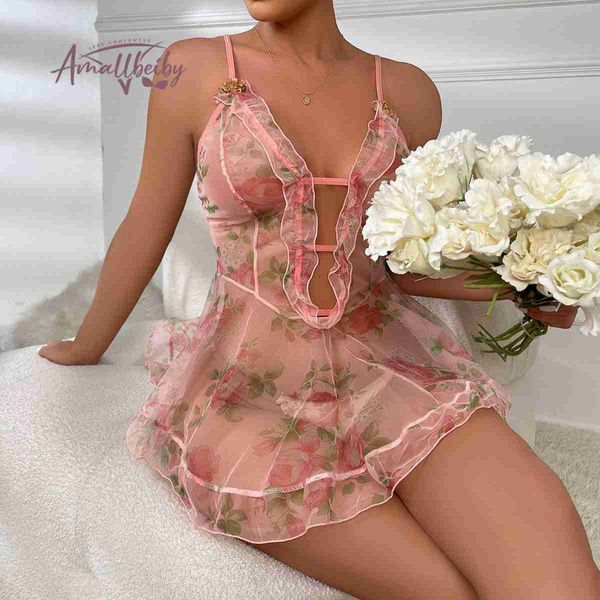 Damen-Nachtwäsche, Nachthemden, durchsichtiges Nachtkleid, unzensiertes Babydoll mit Blumendruck, transparente Dessous, durchsichtige sexy Nachtwäsche, L230626