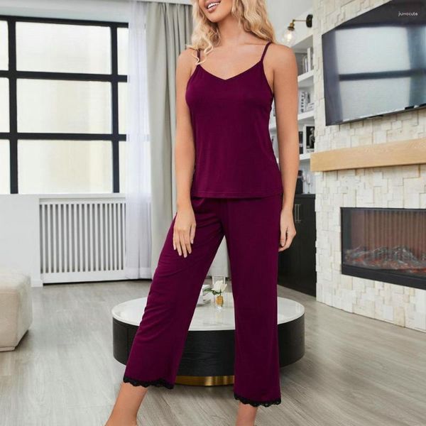 Roupa de dormir feminina 2 pçs/conjunto conjunto de pijama feminino rendado sem mangas roupa de noite cor sólida sem costas com alça espaguete roupa de dormir feminina