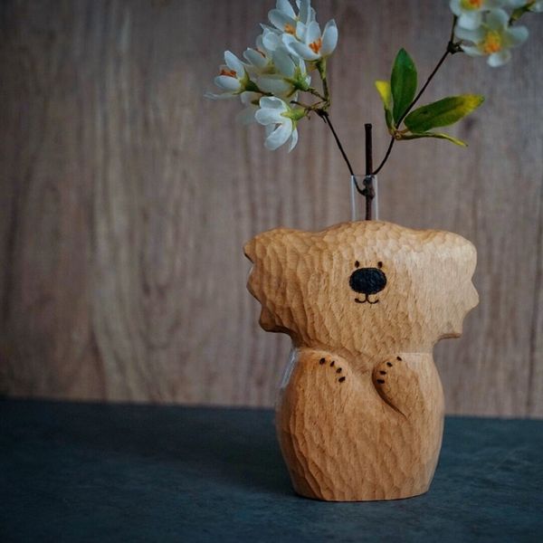 Vasen Handgefertigte Holzschnitzerei, Koala-Blumenarrangement, kreative Verzierung, Vasendekoration aus Massivholz, 230731