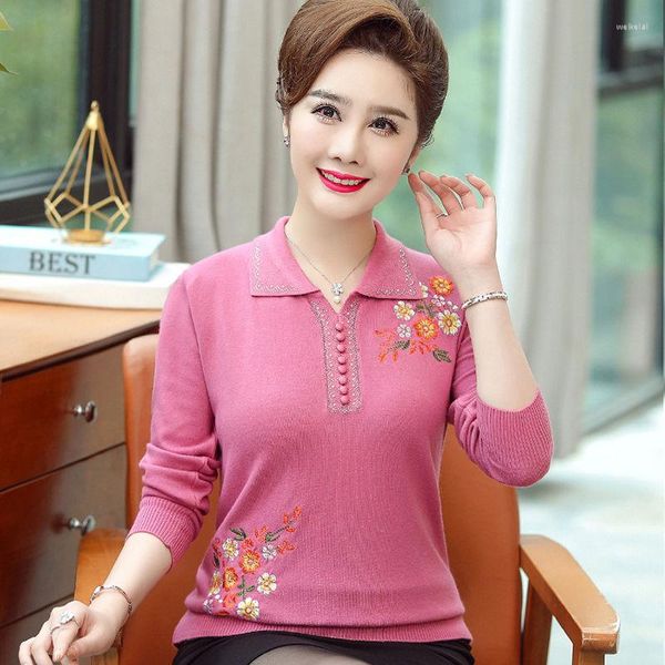 Frauen Pullover Mutter Frühling Herbst Kleidung Mittleren Alters Revers Stricken Bodenbildung Shirt Elegante Dünne Lange-sleeve Pullover Casual tops