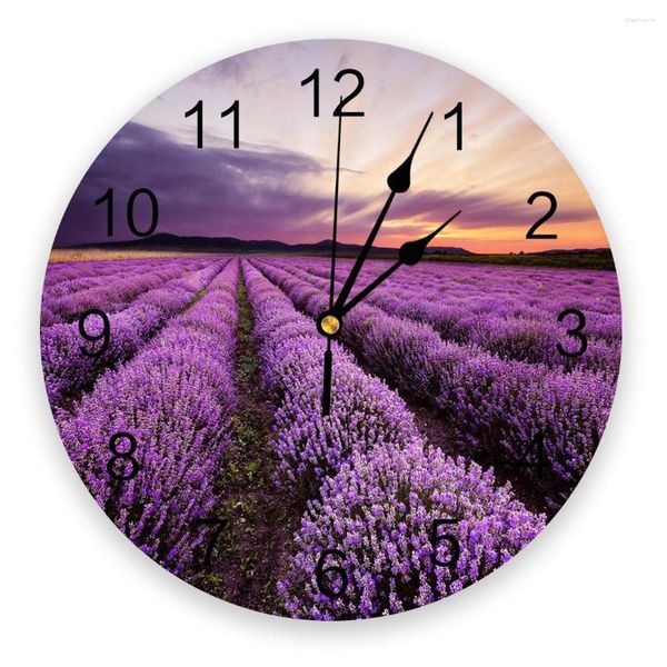 Relógios de parede lavanda pôr do sol flor roxa campo relógio criativo para decoração de escritório em casa sala de estar quarto crianças relógio pendurado