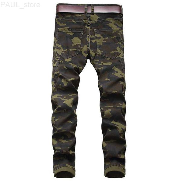 Camouflage Uomo Hip Hop Biker Jeans allungati Streetwear Pantaloni da jogging pieghettati Pantaloni graffiati da uomo slim L230731