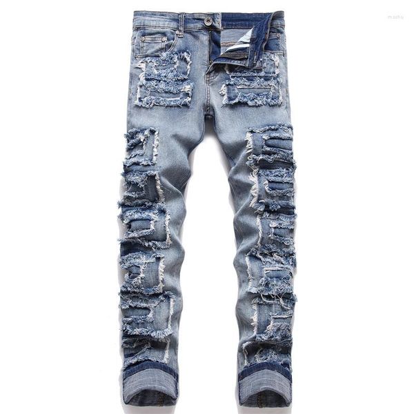 Мужские джинсы весенняя осень панк-тренд синий дыра Слим-стержни наклейки на карандашные брюки модные байкер