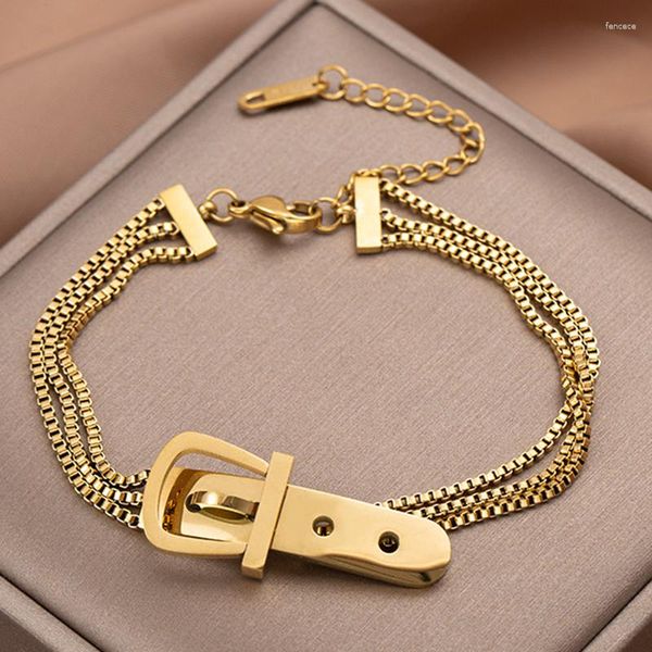 Braccialetti di collegamento Braccialetti alla moda in acciaio al titanio con fibbia per cintura Tendenza della personalità Braccialetti color oro per gioielli da uomo e da donna