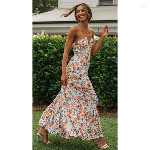 Vestidos casuais Boho Beach Dress Floral Neck Halter Neck Chiffon Vacation Maxi Sexy 2023 Summer Print Big Pendulum