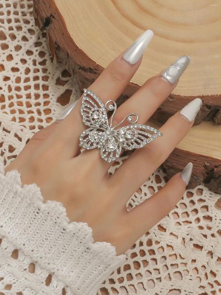 Cluster Rings Romantic Silver Color Metal Crystal Bdutterfly Open For Women Girl Korean Cocktail Midi Finger Party Wedding Jewelry