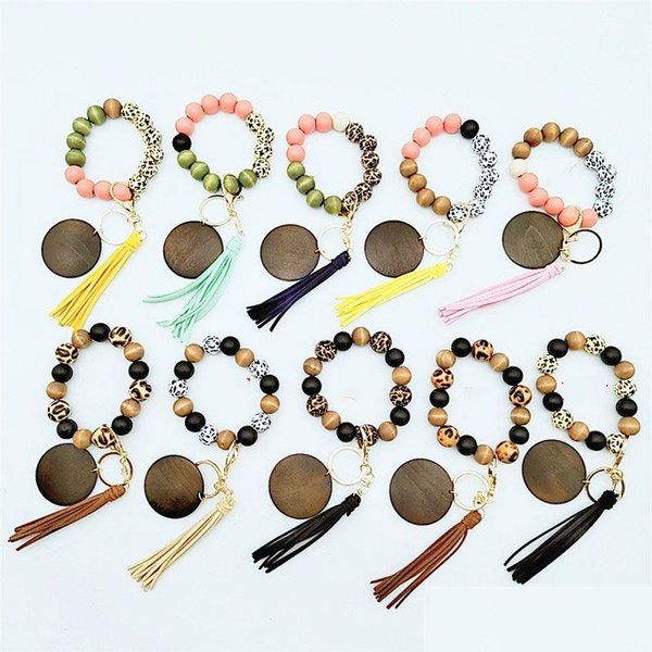 Schlüsselanhänger Lanyards Leopard Print Schlüsselbund Armband Frauen Holz Perlen Armreif Schlüssel Ring Armband Leder Quaste Für Mädchen Schlüsselring Port OT8N7