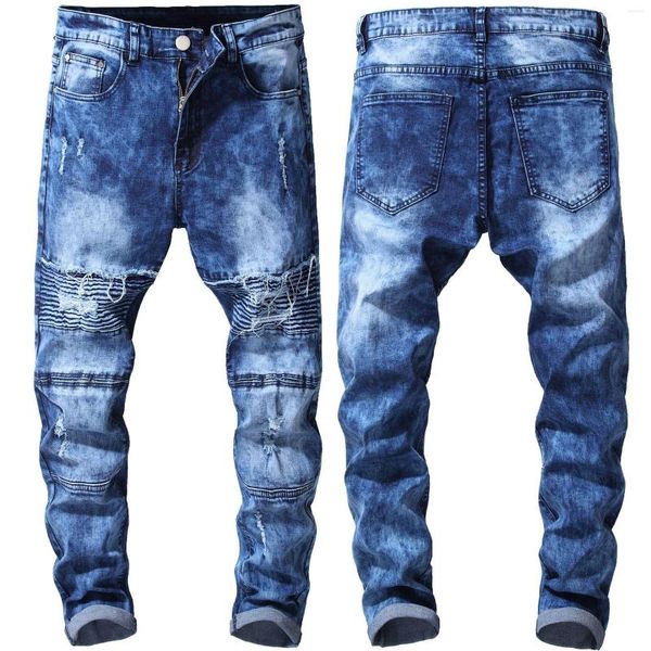 Jeans masculino retrô azul High Street com buracos riscados plissado motocicleta motociclista calça denim desfiada com borla legal calças retas