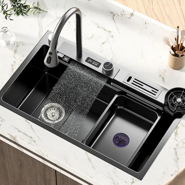 Lavello da cucina di lusso Rubinetto a cascata in acciaio inossidabile con tocco multifunzione Grande cucina a vasca singola Accessorio da cucina innovativo