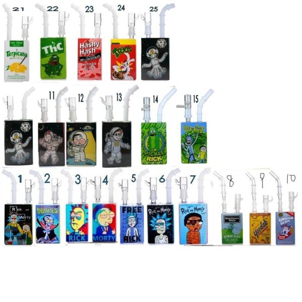 Bongs de vidro de 8 polegadas R azul cor cartoon etiqueta caixa de suco caixa quadrada para fumar Bubbler masculino Shisha Bongs Dab Rigs