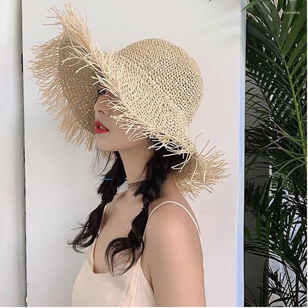 Cappelli a tesa larga Cappello da sole in rafia da donna Cappello da sole estivo pieghevole Moda Tassel Edge Paglia intrecciata Ragazze Beach Floppy Panama Cap