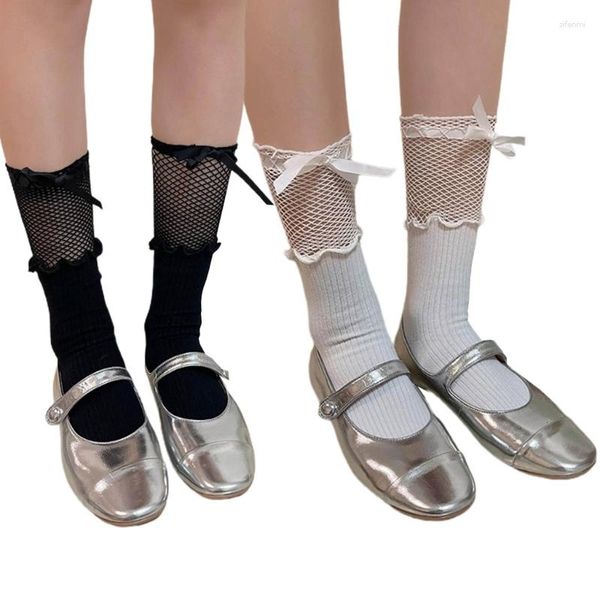 Damensocken im japanischen Stil, süßer Netzstrumpf mit Rüschen über der Wade, lange Studentinnen, süße Strümpfe mit Schleife