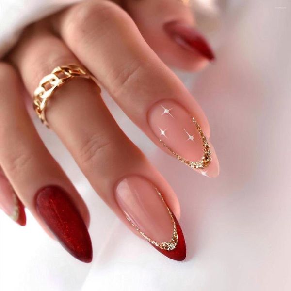 Unghie finte 24 pezzi glitter oro rosso paillettes copertura completa mandorla finta manicure set punte acriliche francesi per ragazza donna
