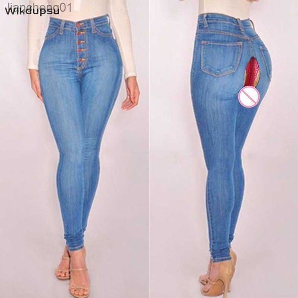Модные джинсы с высокой талией женщины тощие брюки джинсовые брюки открытые промежности нижнее белье от открытия секс общедоступные джинсы джинсы Женщина L230619