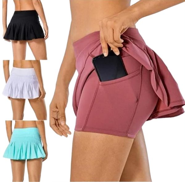 L-007 Saia Tênis Plissada Saia Ioga Roupas de Ginástica Feminina Corrida Fitness Calças de Golfe Shorts Esportes Atrás Cintura Bolso Zíper