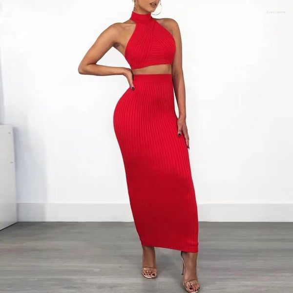 Sıradan Elbiseler 2023 Kırmızı Bandaj Elbisesi Streç 2 Parçası Set Set Bayanlar Ünlü Partisi Akşam Moda Yüksek Kalitesi Uzun