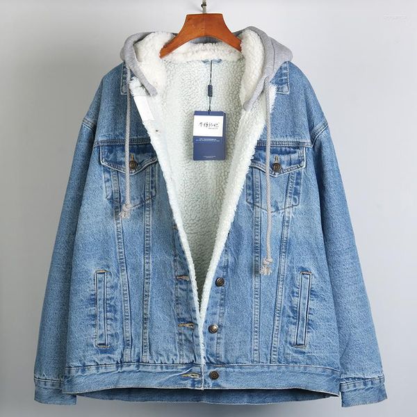 Damenjacken 2023 Winter Frauen Warmer Plüsch-Denim-Mantel mit abnehmbarer Kapuze Lose beiläufige Langarm-Jeansjacke Weibliche Streetwear