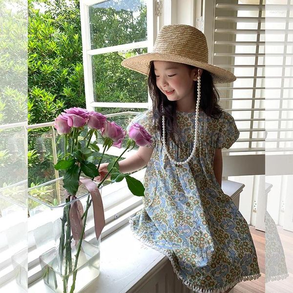 Kız Elbiseler Yaz Elbise 2023 Kore Edition Kızların Parçalı Çiçek Kırsal Mavi Dantel A-Line Versiyon Gevşek Pamuk Moda